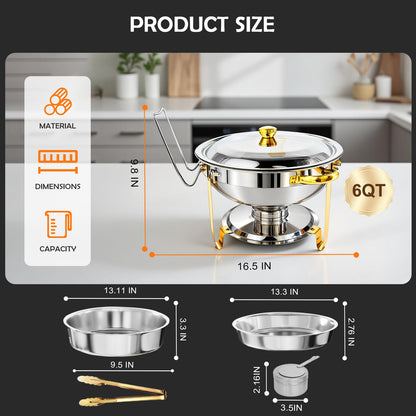 ALSO GO Round Chafing Dishes for Buffet with 4 Serving Tongs, 4 Pack 6QT Chafing Dishes Buffet Set, Golden Stainless Steel Catering Food Warmer for for Party, Gathering,Wedding