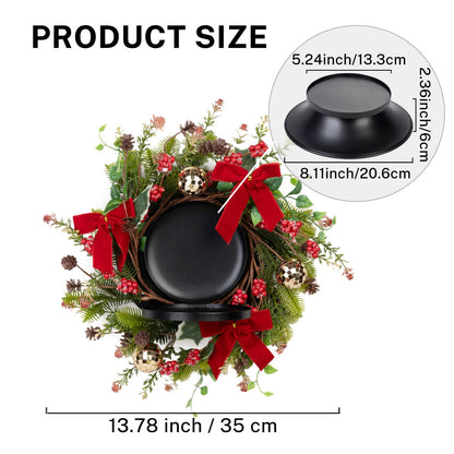 MOYEE Winter Christmas Candle Holder Centerpieces for Tables,Candle Ring, Black Metal Candlestick with an Artificial Wreath 14 in Versatile Dining Table Centrepiece (Red Bow Pinecone Wreath)