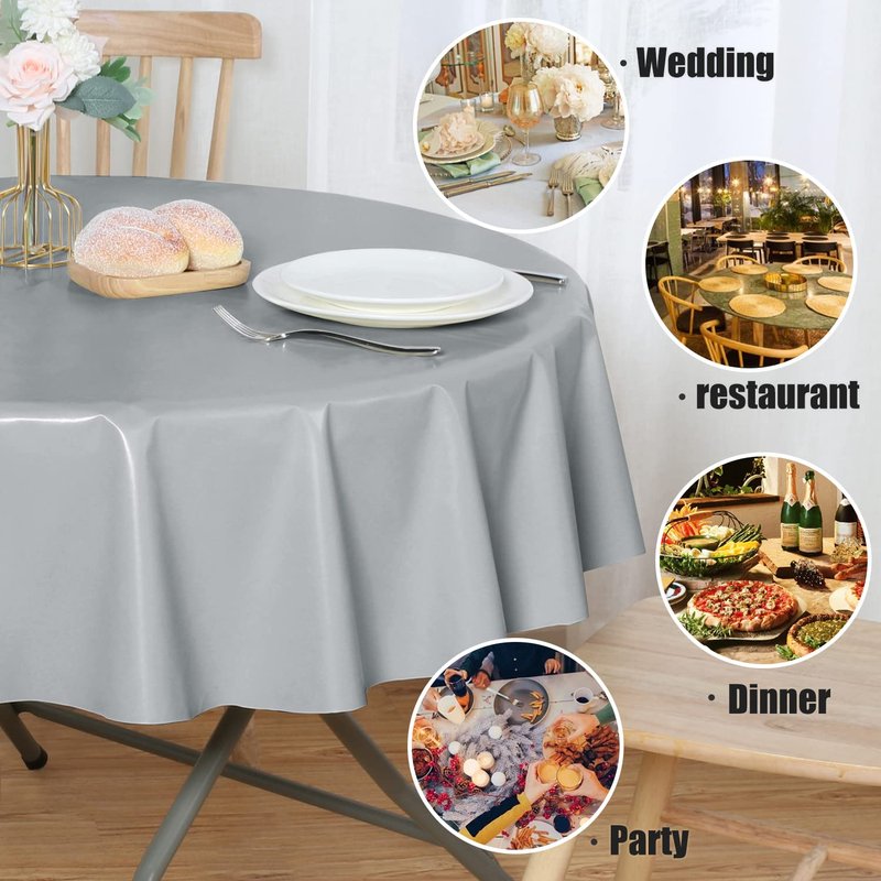 sancua 100% Waterproof Round PVC Tablecloth - 60 Inch - Oil Proof Spill Proof Vinyl Table Cloth, Wipe Clean Table Cover for Dining Tables, Buffet Parties and Camping, Silver Grey