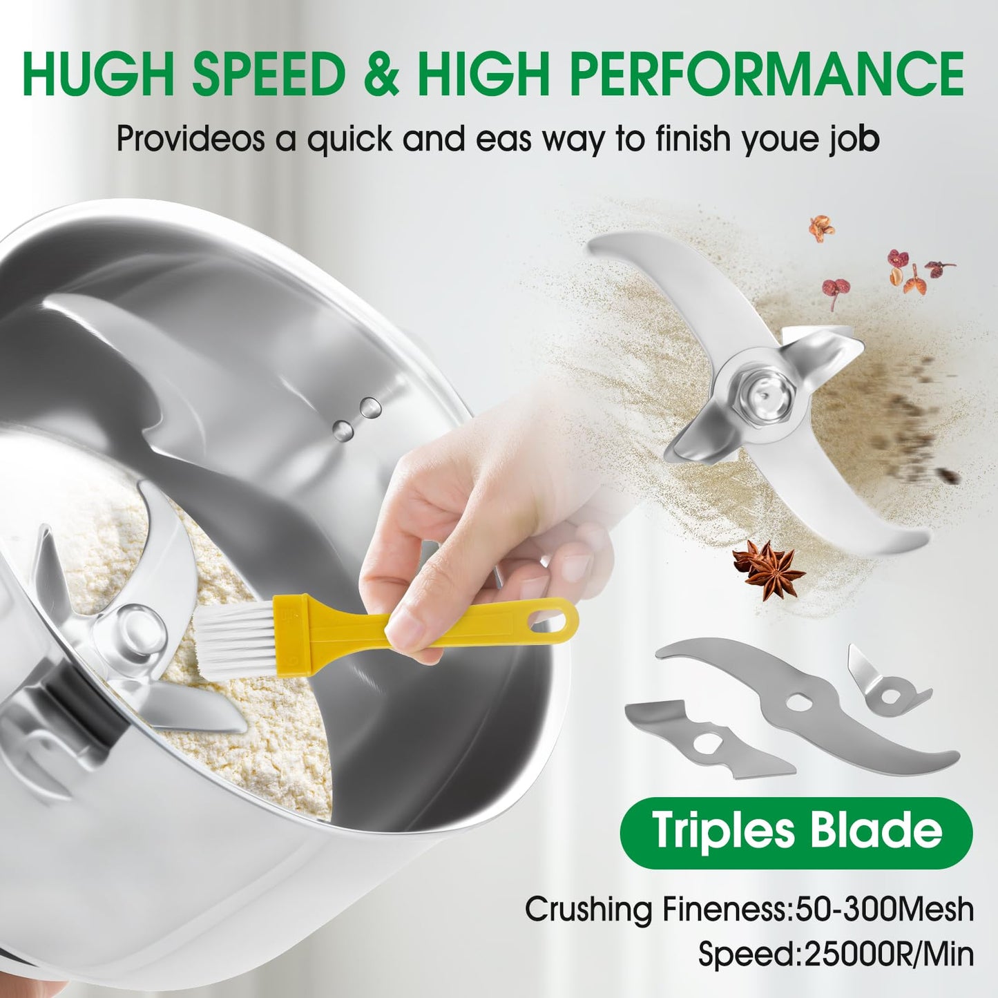 1000g Commercial Grain Grinder - 3000W Heavy-Duty Electric Mill for Coffee, Spices, Nuts & Grains | 32000 RPM | Industrial Stainless Steel | 5 Blades System | for Home & Restaurant Use