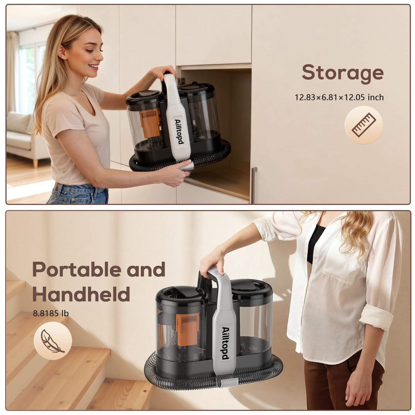Portable Carpet & Upholstery Cleaner Machine, 15Kpa Strong Suction & Handheld Spot Cleaner Machine for Couch, Sofa, Car, Pet Stains, Furniture Cleaner with Cleaner Solution and Self-Cleaning System