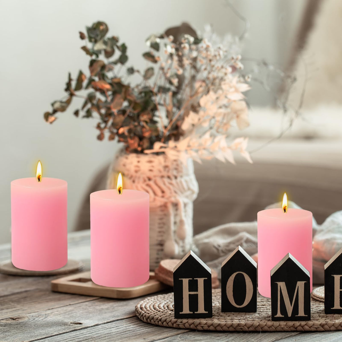 6 Pack 2x3 inch Pillar Candles, Pink Unscented Votive Candle for Celebration Home Decoration, Dripless and Long Burning Time