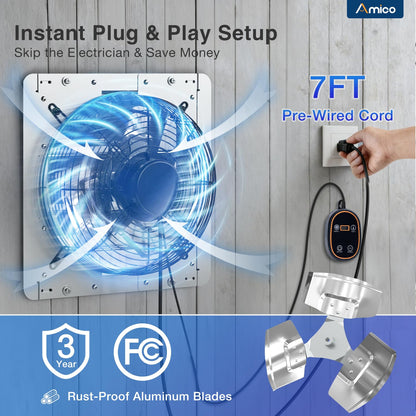 Amico 12" Smart Shutter Exhaust Fan with Thermostat & 8 Speed, 1282 CFM (Up To 1600 Sq.Ft), 25W Energy Saving Brushless DC Motor, Wall Mount Garage/Attic/Greenhouse Vent Fan, Plug & Play, FCC