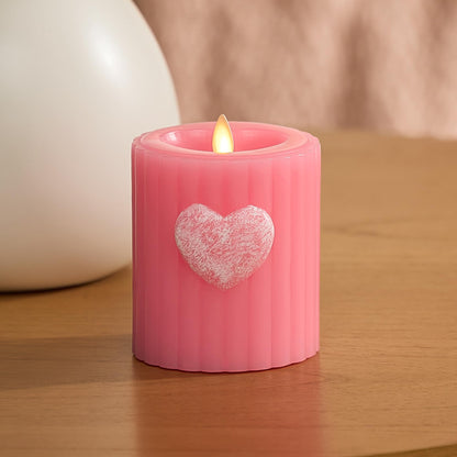 Luminara Flickering Flameless 3.7" x 4.5" Pillar Candle, Battery Operated Remote Ready (Sold Separately) & Timer Function, LED Light, Ribbed Real Pink Wax w/Embossed Heart Design for Valentine's Day