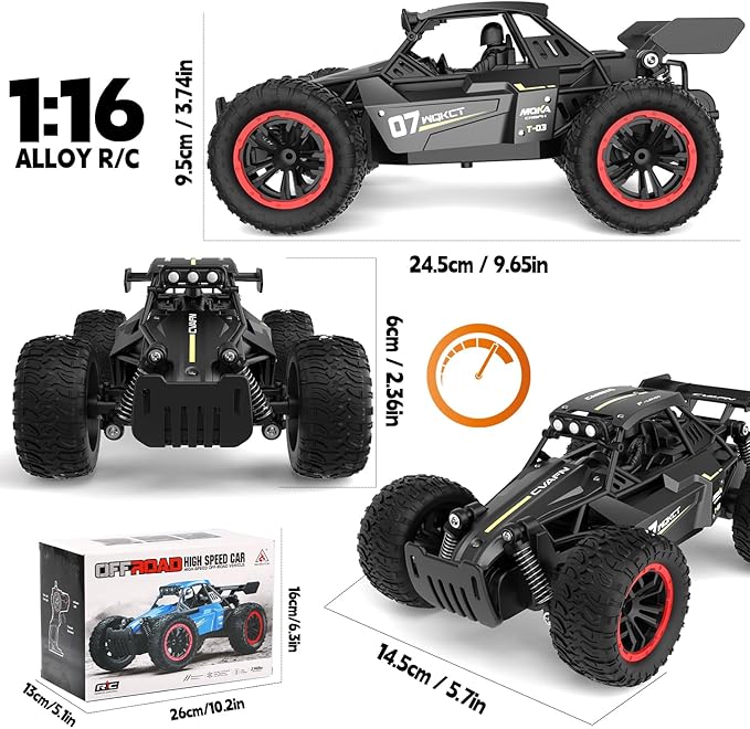 Remote Control Car for Boys 8-12 1:16 Scale Metal Shell RC Monster Truck 25+ KM/H Fast Off Road RC Cars with LED Lights All Terrain Electric Toy Vehicle Birthday Gifts for Kids Boys Girls 6-12