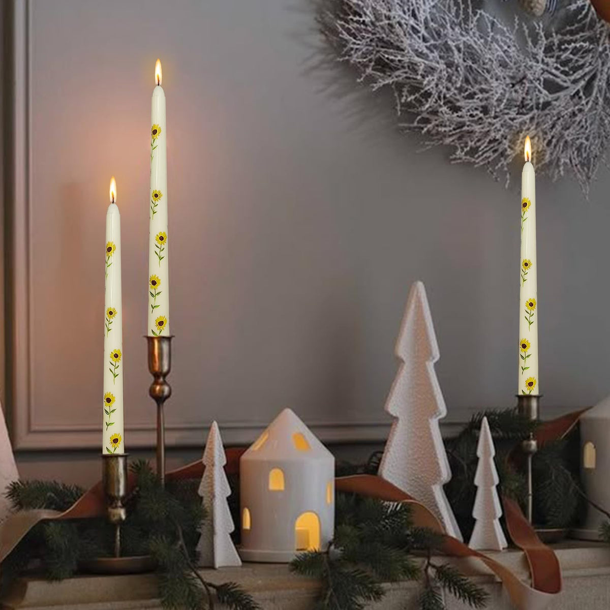 Summer Floral Printed Taper Candle - Baleagcdl Ivory with Sunflower Candlesticks Handmade Long Tapered Candles 10 Inch Drip Candle for Holiday Decor Gifts Set of 2