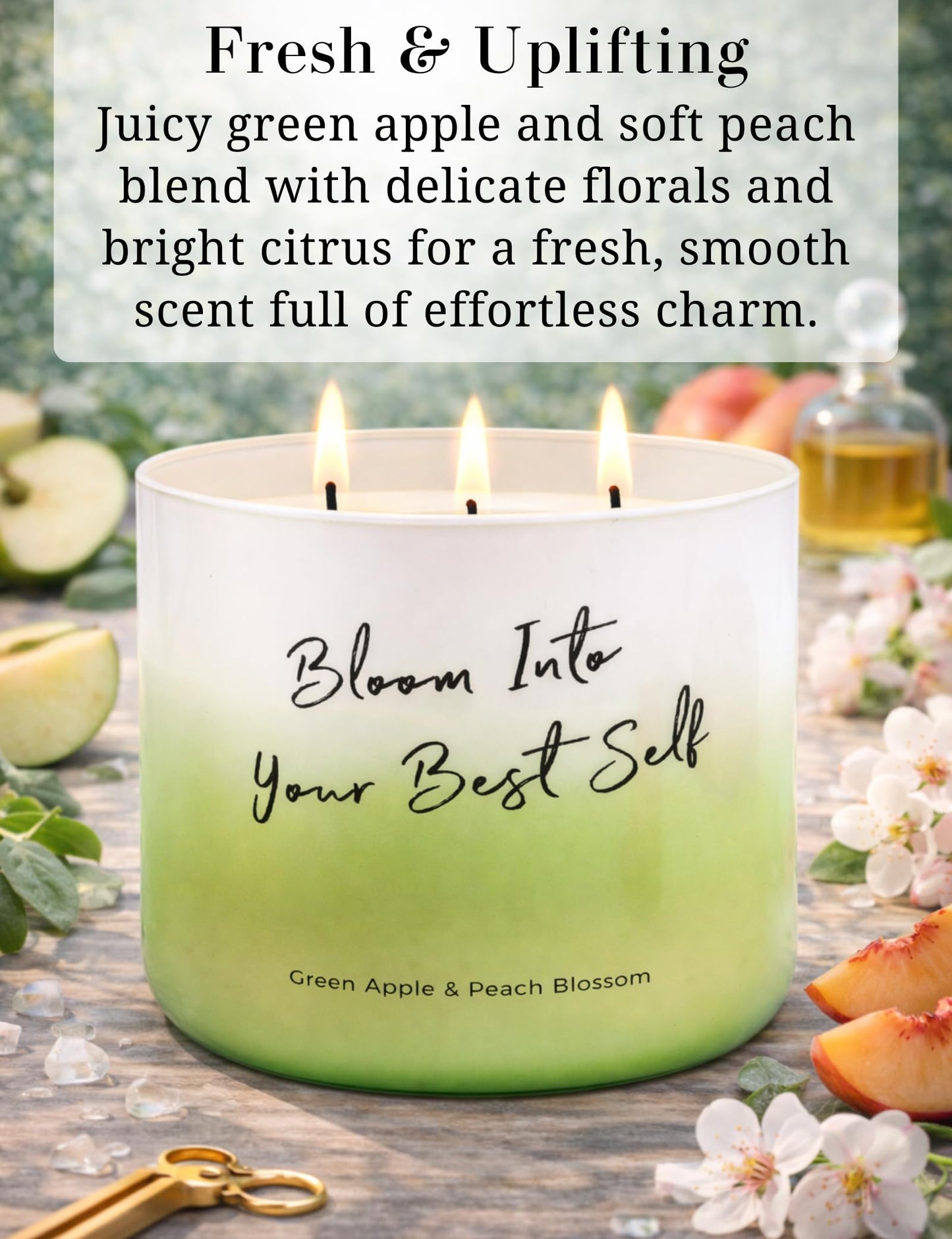 Green Apple Peach Blossom Scented Soy Candle - Large 3-Wick Aromatherapy Candle for Home, 15.8oz - Fresh Fruity Scent - “Bloom Into Your Best Self” Quote - Inspirational Home Decor Gift