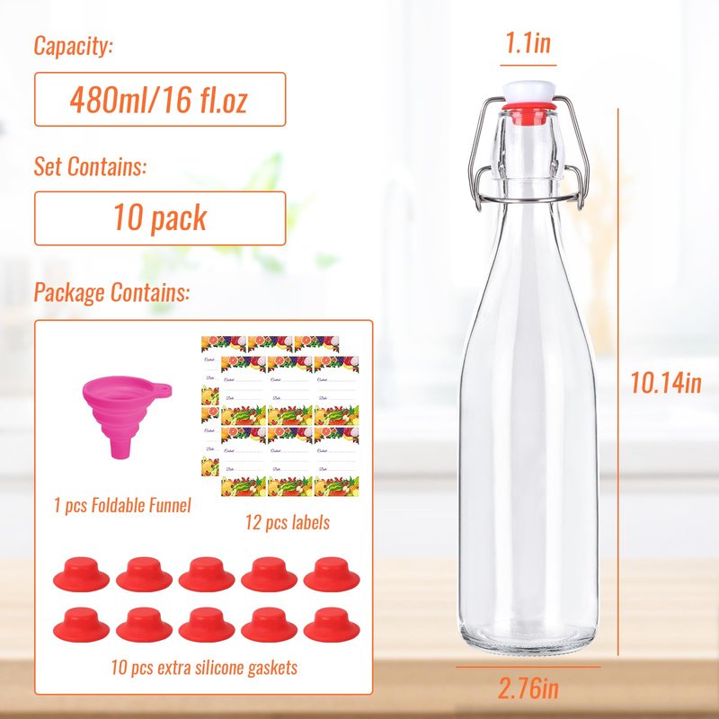 SZUAH 6-Pack 16oz Airtight Swing Top Glass Bottles – Heavy-Duty Reusable Bottles with Stopper for Home Brewing Kombucha, Beer, Vanilla Extract, Craft Sodas & More | Complete Brewing Kit