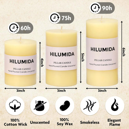 Ivory Pillar Candles Set of 3 - Hand-Poured Unscented Candles, 4", 5", 6" Smokeless Decorative Candles for Home, Set of 3 in Different Sizes
