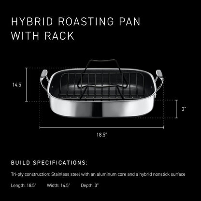 HexClad Hybrid 17 x 14 Inch Rectangular Nonstick Roasting Pan with Rack, Dishwasher-Friendly, Oven-Safe Up to 900°F, Compatible with All Cooktops