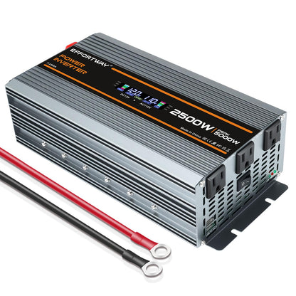 EFFORTWAY 2500W Power Inverter. 12V DC to 110V/120V AC Converter 5000W (Peak) with LCD Display, 3 AC outlets, 2 USB, 2500w Inverter for Camping RV Travel Outdoor Truck Off-Grid Solar inverters