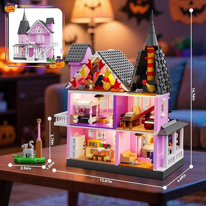 Pink Girls House Building Set with Light Haunted House Construction Building Toys Architecture Building Kit for Adults Compatible with Lego Halloween for 14+ (1537 PCS)