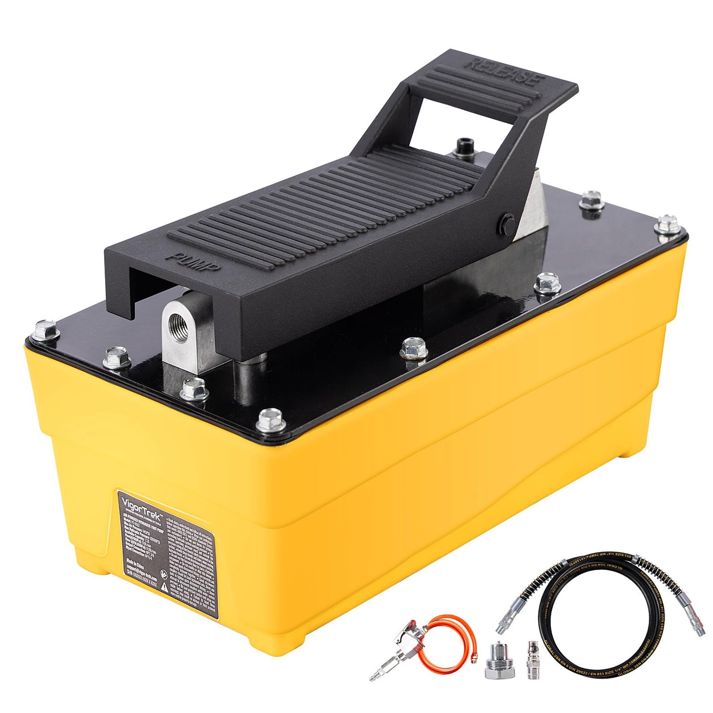 VigorTrek Air Hydraulic Pump, 10,000 PSI, 0.6 Gal Foot Padel Hydraulic Pumps with 6.6 ft Hose and Spray Gun, NPT 3/8" Outlet & 1/4" Inlet, Yellow
