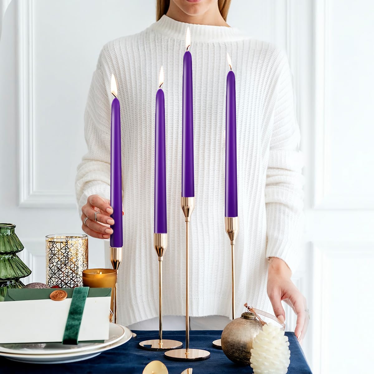 Taper Candles 10 inch (H) Dripless, Set of 20 Purple Unscented and Smokeless Taper Candles Long Burning, Paraffin Wax with Cotton Wicks for Burning 8 Hours Time