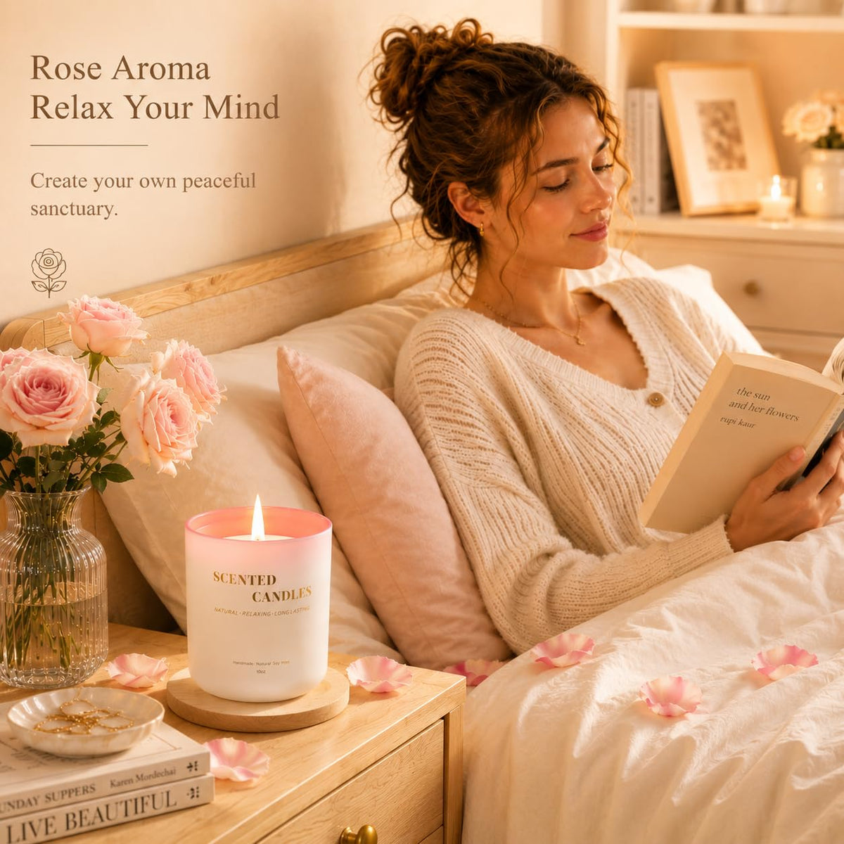 Lanttu Rose Scented Candle for Home Decor, 10 oz Natural Soy Wax Jar Candles, 40 Hours Long Lasting Burning Candles for Women Mom Friend Birthday Housewarming Gift