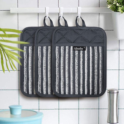 Alselo Silicone Pot Holders Set of 3 Heat Resistant & Non Slip Potholders, Professional Oven Hot Pads with Pockets Mitts for Kitchen Cooking Baking Barbecue