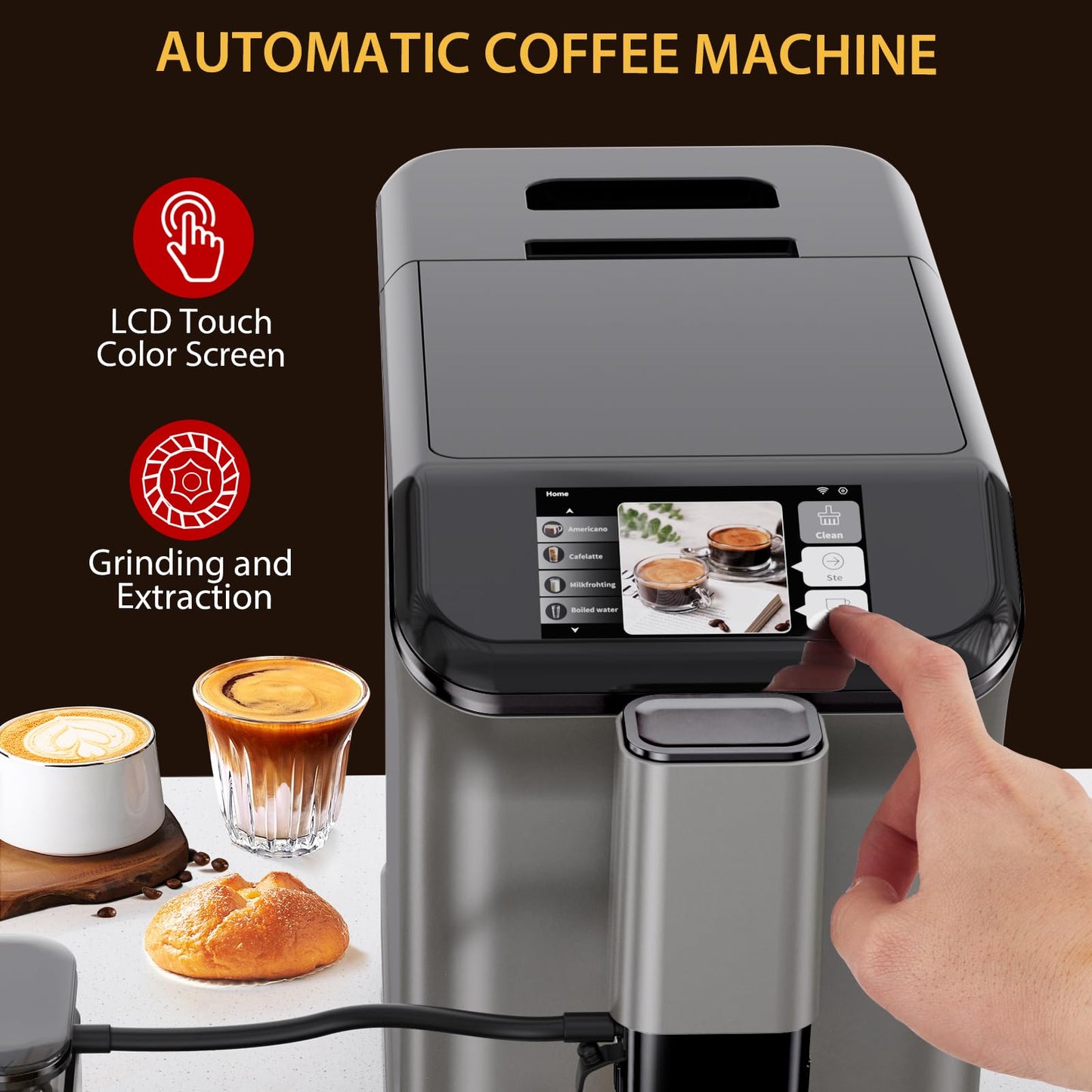 Super Automatic Espresso Machine & Coffee Maker, 20Bar Pressure, Built-in Conical Burr Grinder & Milk Frother, 6 One-Touch Recipes, Auto Clean, 1.5l Water Tank, for Home Office, 120v, Grey