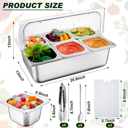 Tessco for you 2 Set Countertop Chiled Ice Food Serving Display Container Stainless Steel Condiment Dispenser with Lid Clamps Spoons Box for Restaurant Kitchen (6 Compartments)