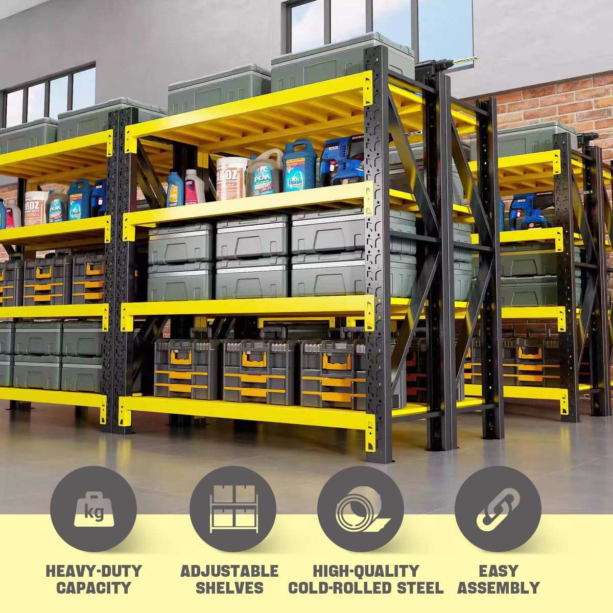 5000lbs Load Capacity,Heavy Duty 4-Tier Steel Shelving Unit, Adjustable Industrial Storage Rack for Garage Warehouse Workshop(Yellow and Black, W78.74*D23.62*H78.74)