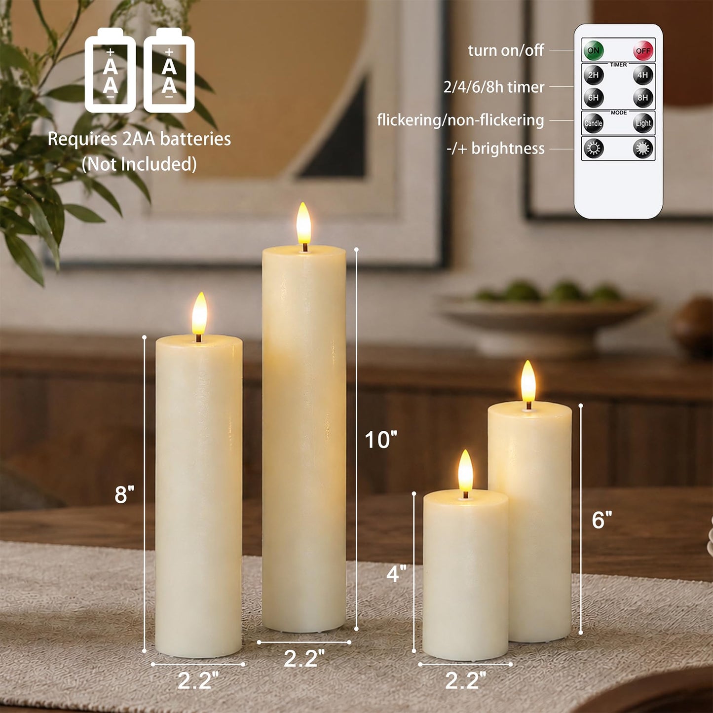 Vtobay Flickering Flameless Pillar Candles with Remote Control and Cycle Timer,Ivory Pack of 4 Battery Operated(Powered by 2AA) LED Real Wax Tall Fake 3D-Wick Electric Candles(D 2.2” x H 4”,6”,8”,10”)