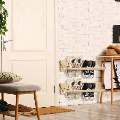 Mifoci 2 Pcs Wall Mounted Shoe Rack Organizer Wooden Modern Compact Wall Space Saving Shoe Holder Storage for Sneaker Footwear Slipper Boots Entryway Narrow Spaces Hallway(28.35'' Long)