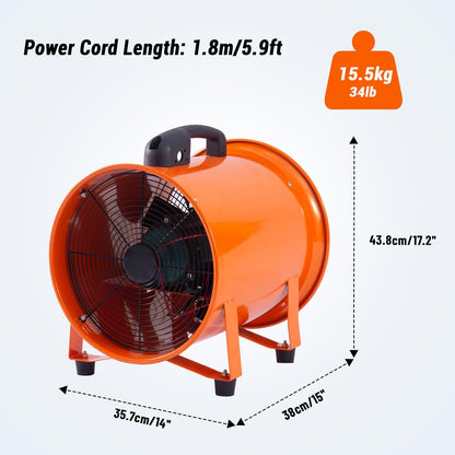 BouPower 12 Inches 3500 CFM Utility Blower Exhaust Fan with 16.4 FT Duct, 3500 r/min Heavy Duty Blower Fan, High Velocity Low Noise Extraction for Ventilating Workshops, Confined Space, Orange