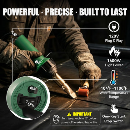 1600W Heat Gun Kit 110V, Plastic Welder with 16.4FT Power Cord, Hot Air Gun for PVC Roofing, Vinyl Floor, Plastic Repair, 2 Welding Nozzles & Silicone Roller Included
