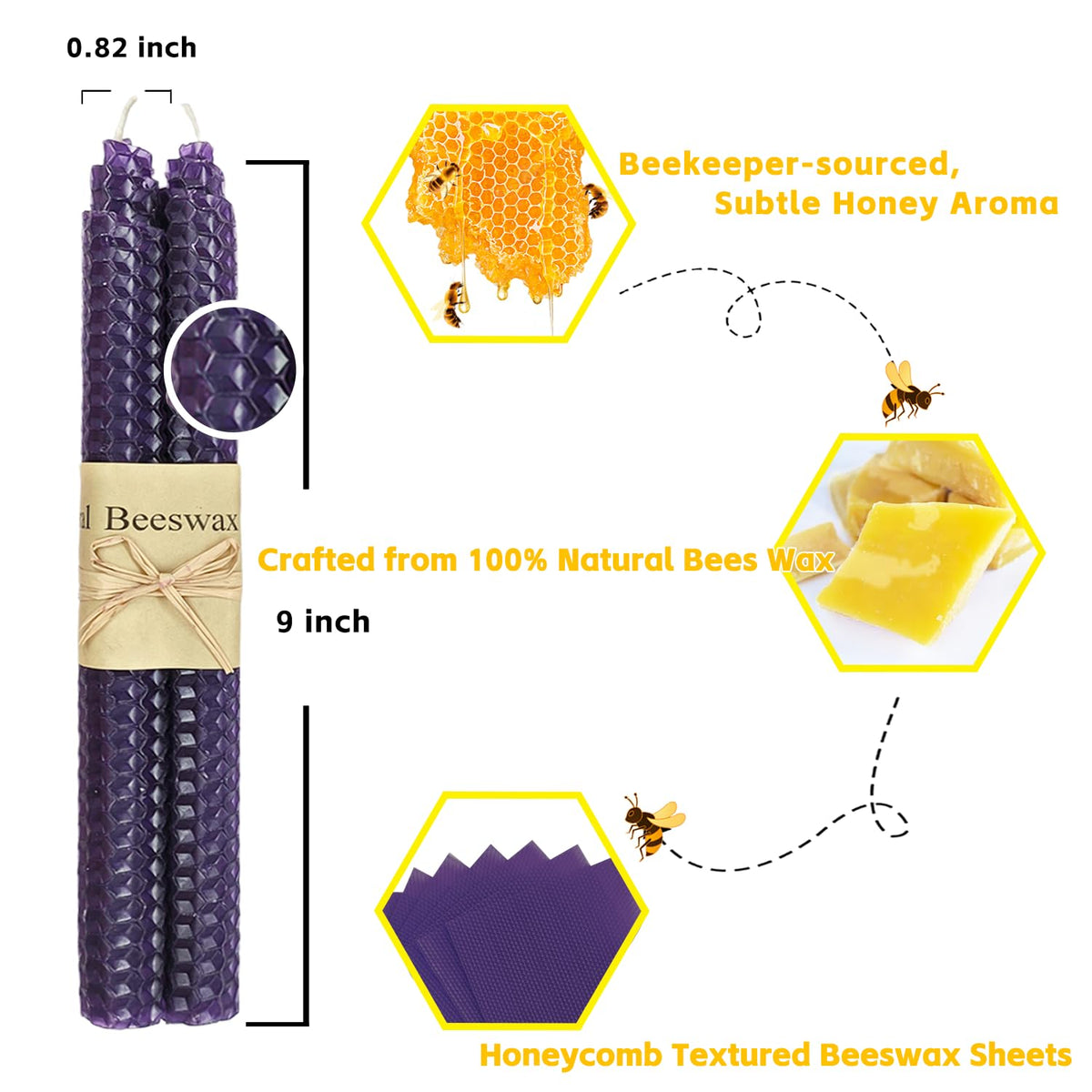 Lacaser Natural Beeswax Purple Taper Candles Bulk Set of 14 pcs, Unscented & Smokeless & Dripless Long Candlesticks 9 Inches Each, Gift Box Packed