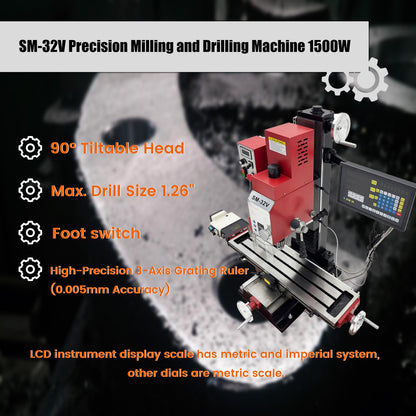 WYDDDARY 110V Mini Precision Milling and Drilling Machine 2HP Brushless, with 33.1"×8.3" Work Table, R8 Spindle 50-2250RPM, X-Axis Power Feed & 3-Axis DRO for Metal Wood DIY