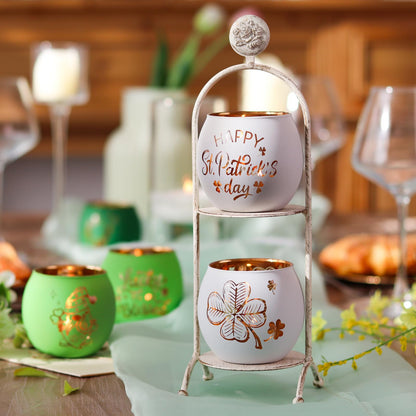 SHMILMH St. Patrick's Day Candle Holders 6PCS St Patricks Day Shamrocks Decorations for Table Centerpiece, Glass Votive Tealight Holders for Home Decor Party Decorations