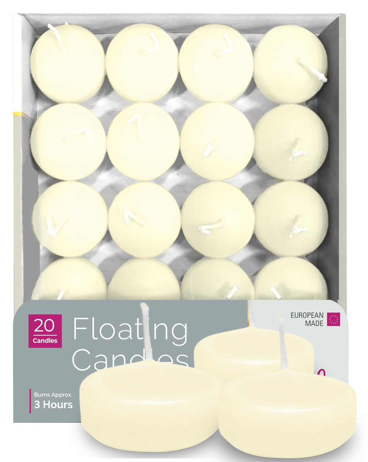 HYOOLA Premium Ivory Floating Candles 1.75 Inch - 3 Hour - 20 Pack - European Made
