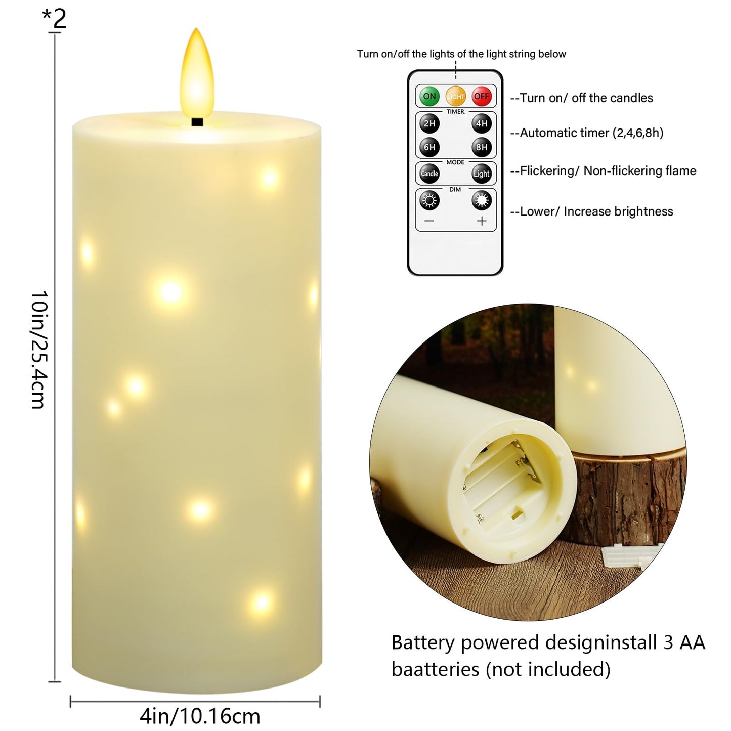 kakoya 10" x 4" Large Outdoor Waterproof Flickering Flameless Candles with Timer,2Pcs Battery Operated LED Pillar Candles with Embedded Star String for Outdoor Lanterns,Porch,Patio Decor(Ivory)