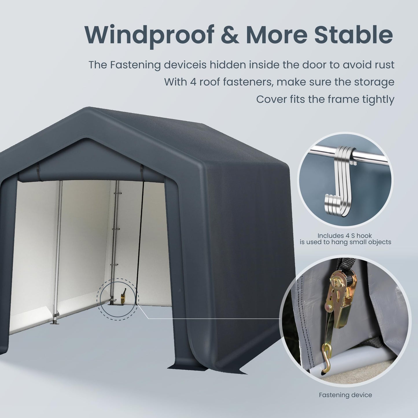 PHI VILLA 8x12ft Storage Shelter Shed, Portable Carports Outdoor Garage Canopy with Roll up Zipper Doors & Vents Waterproof UV Resistant Garages Tent for Cars,Boats,Tools, Motorcycle, Gray