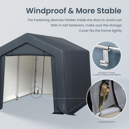 PHI VILLA 8x12ft Storage Shelter Shed, Portable Carports Outdoor Garage Canopy with Roll up Zipper Doors & Vents Waterproof UV Resistant Garages Tent for Cars,Boats,Tools, Motorcycle, Gray