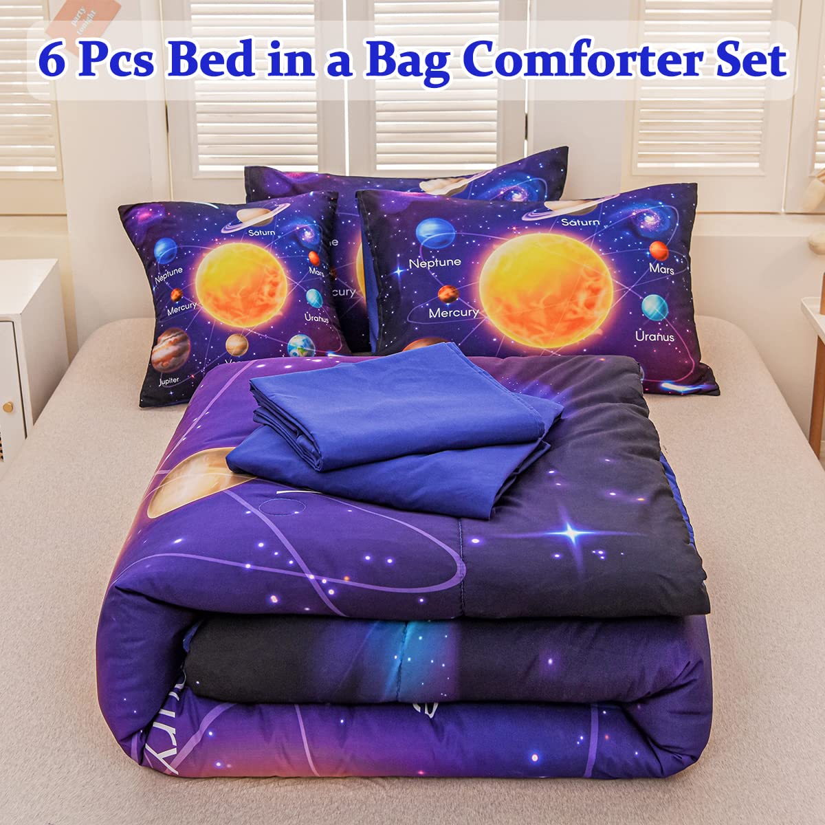 Tasselily Twin Size Comforter Sets for Boys, Space Bedding Set Twin Bed in a Bag, 6 Pcs Universe Planet Galaxy Comforter Set with Sheets