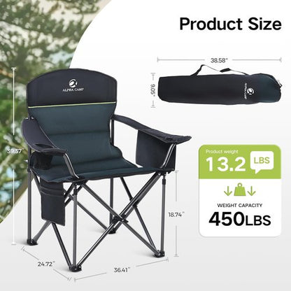 Green Party Folding Camping Chair - Oversized Heavy Duty Lawn Chair with Cooler Bag & Cup Holder | Collapsible Padded Arm Chair