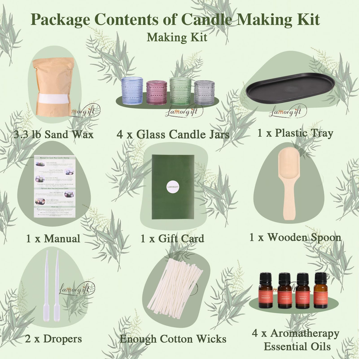 LAMORGIFT Pearled Candle Making Kit- Sand Wax Gift Set- 3.3LB Candle Sand with Wicks, 4 Pcs Glass Candle-Jars with Plastic Tray, 40ml Fragrance Oils Accessories for DIY Scented Candles & Home Decor