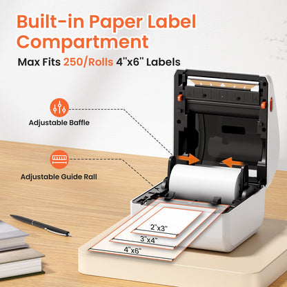 Omezizy Bluetooth Shipping Label Printer with 3 Roll Labels, D450BT White Thermal Label Printer 4x6 for Small Business, Thermal Printers Come with 750PCS 4x6‬ White Labels (250 Labels/Roll)