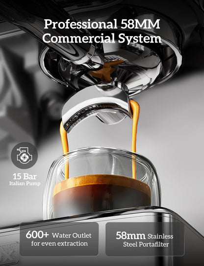COUPLUX Espresso Machine with Grinder, 205℉ MAX Temp Control Expresso Coffee Machines 58MM Professional 15 Bar Espresso Maker with Milk Frother Steam Wand Perfect Americano Cappuccino & Latte for Home
