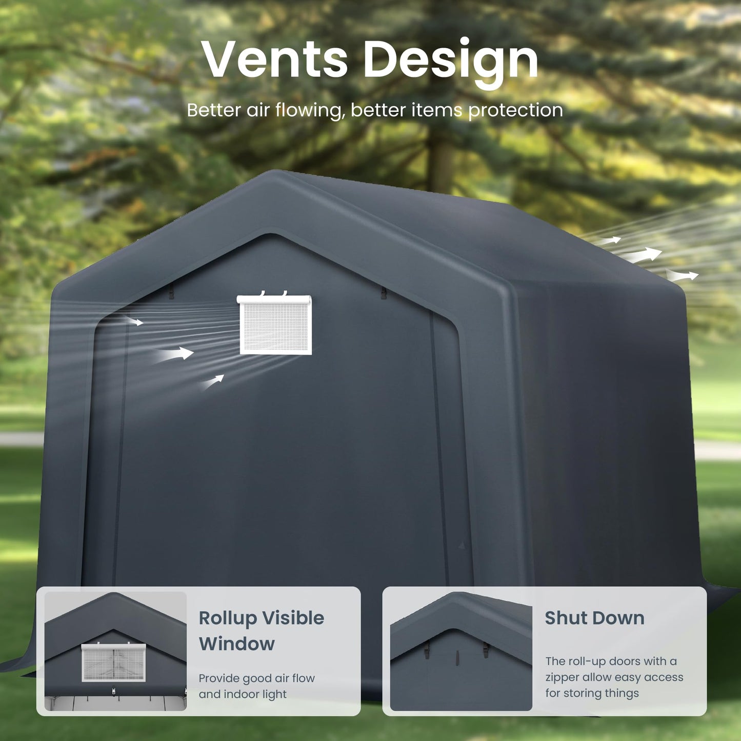 PHI VILLA 8x12ft Storage Shelter Shed, Portable Carports Outdoor Garage Canopy with Roll up Zipper Doors & Vents Waterproof UV Resistant Garages Tent for Cars,Boats,Tools, Motorcycle, Gray