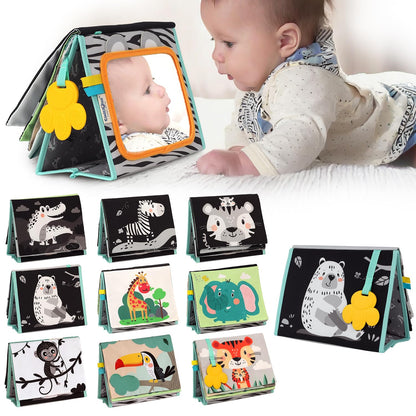 TINITIGIES Tummy Time Mirror for Babies - High Contrast Book with Large Stimulating Baby Safe Mirror & Silicone Teether & Crinkle Pages - Perfect Tummy Time Toys for Babies 0 3 6 9 Months
