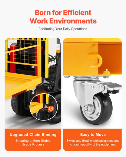 VEVOR Forklift Man Basket, 36 x 36 Inches Forklift Safety Cage Work Platform 1200 lbs Load Capacity, Collapsible Lift Basket with 4 Wheels Device Chain for Aerial Work Lifting Loader