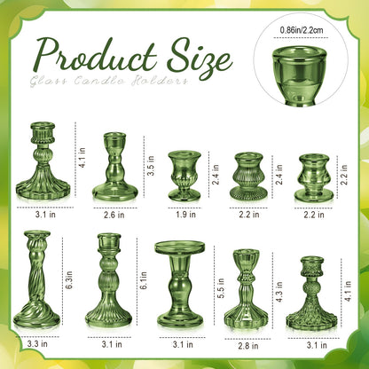 Mumufy 10 Pcs Glass Crystal Taper Candle Holders Clear Glass Candlestick Holder Fit 0.8 Inch Candles Crystal Decorative Candle Stand Centerpiece Table Wedding Dining Party (Classic,Green)