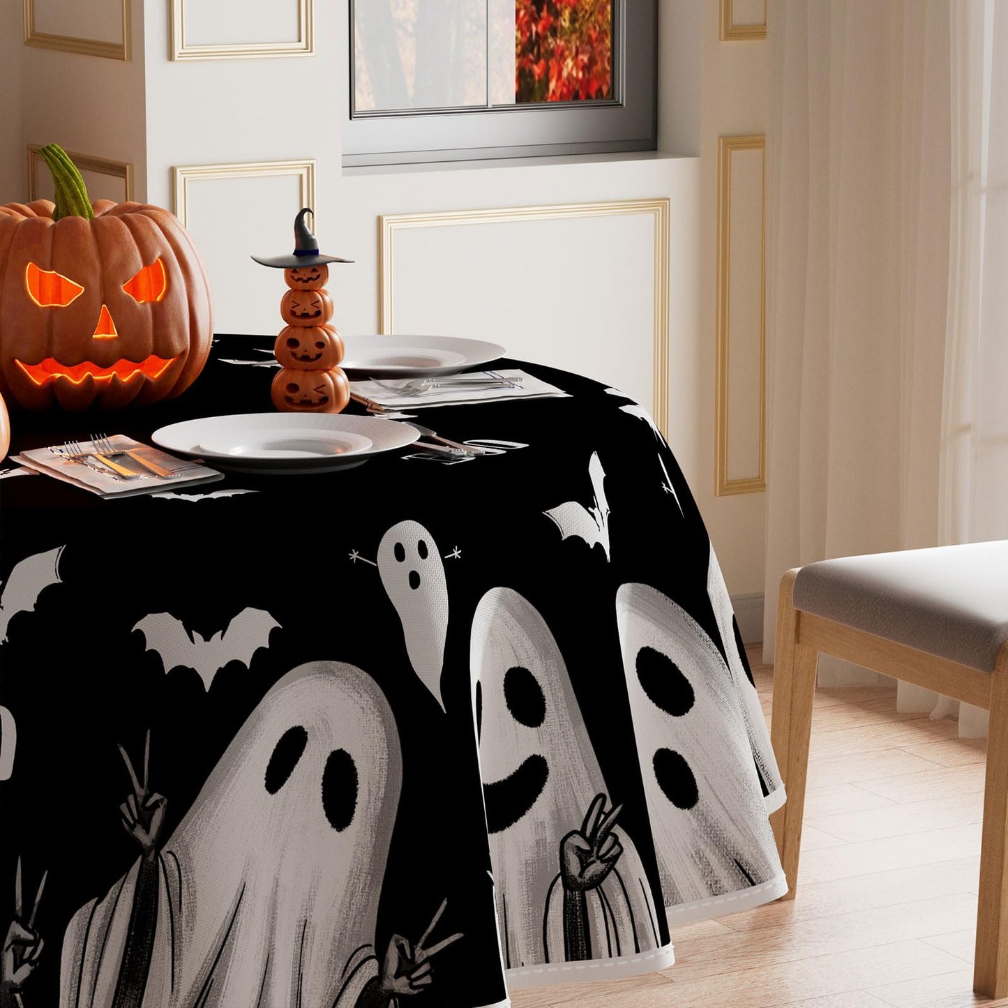 XCHI Spooky Black Ghost Halloween Tablecloth Rectangle Washable Table Covers for Indoor Outdoor Dining Home Party Decorations Table Cloth 60x84 Inch