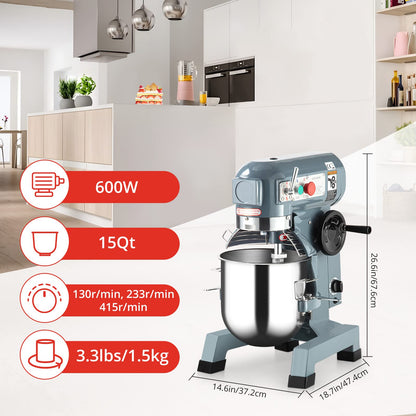Towallmark Commercial Food Mixer 15QT 600W 110V 3 Speeds Adjustable, Stainless Steel Bowl Stand Mixer With Safety Guard, Premium for Schools Bakeries Restaurants Pizzerias
