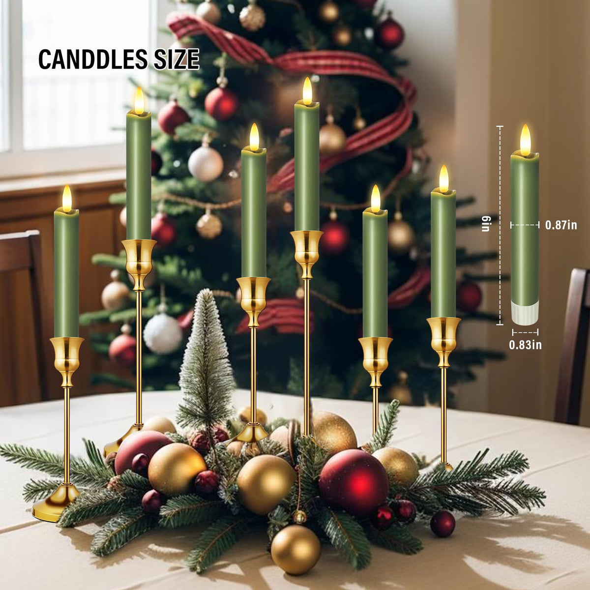 KSWING Upgraded Real Wax Short LED Flameless Green Taper Candles with Remote, 6 PCS Candlesticks Battery Operated - 6" Realistic Fake Candle Sticks for Home/Wedding/Fireplace Xmas Decor