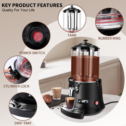 Commercial Hot Chocolate Machine & Beverage Dispenser, 10L Capacity, 110V Electric Warmer for Coffee, Hot Chocolate, Milk Tea, Black, Professional Grade for Cafes & Restaurants