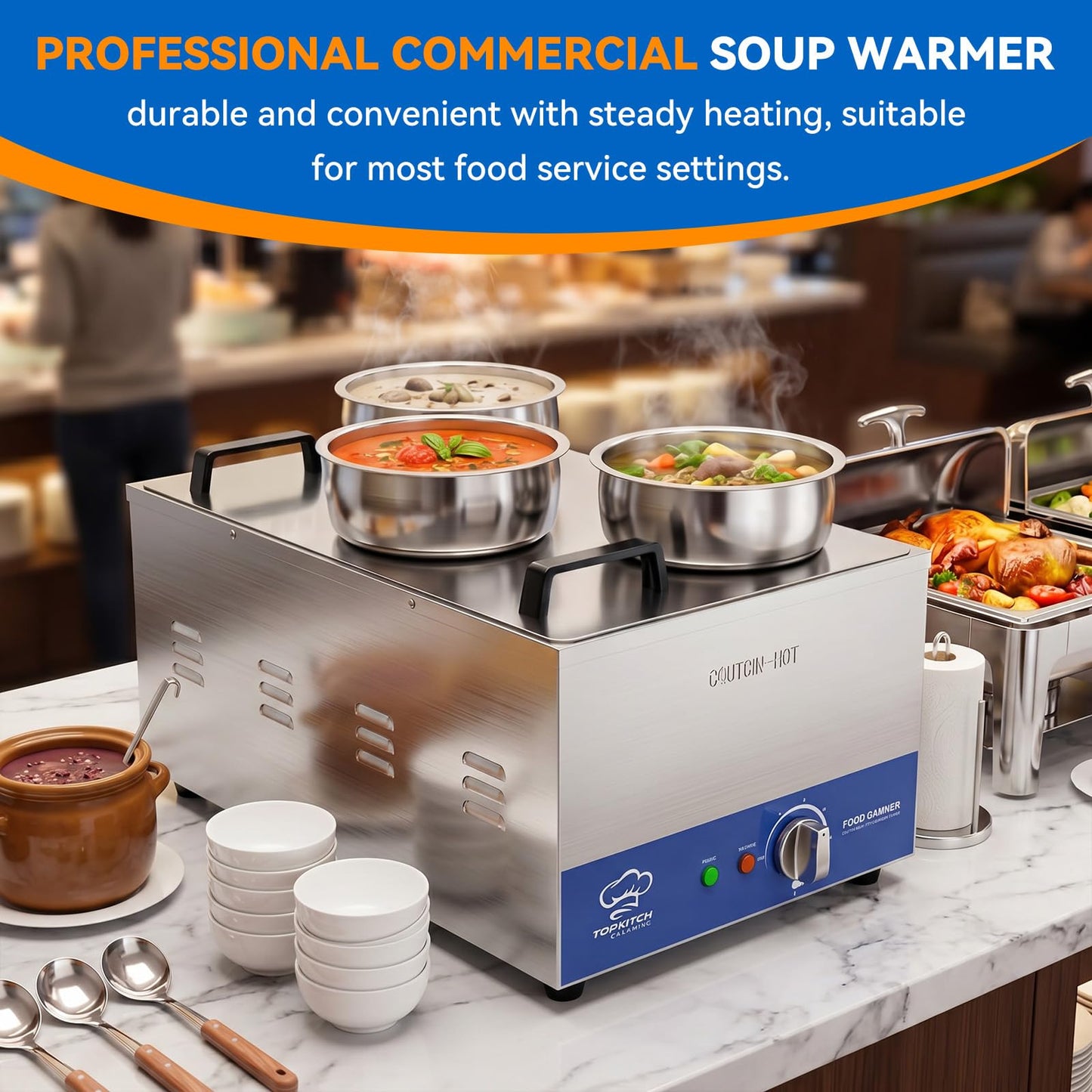 TOPKITCH ETL Listed Commercial 12L Soup Warmer with 3×4L Pot Buffet Bain Marie,Commercial Electric Food Warmer-120V 200W, Seamless One-Piece Tank, 30-85℃ Adjustable Temp Range.