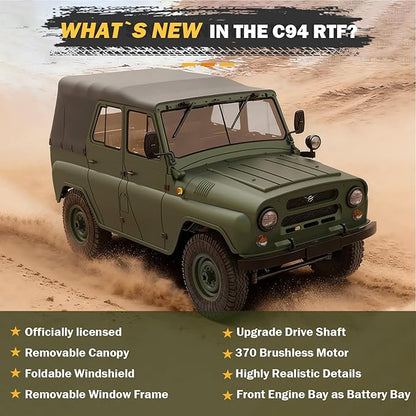 ARRIS 1/12 RC Crawler WPL C94 UAZ-469 Scale RC Rock Crawler 4x4 2.4GHz RTF Off-Road Truck 4WD Military RC Truck with Proportional Steering Hobby Grade Gift for Adults