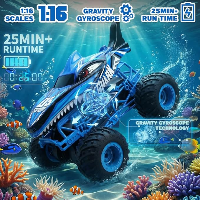 BEZGAR 1:16 Scale Remote Control Monster Truck - Shark Monster Truck Toys with 360° Spins and Drifting RC Car with Light and Music Remote Control Car for Boys 4-7 Kids Christmas Birthday Gifts